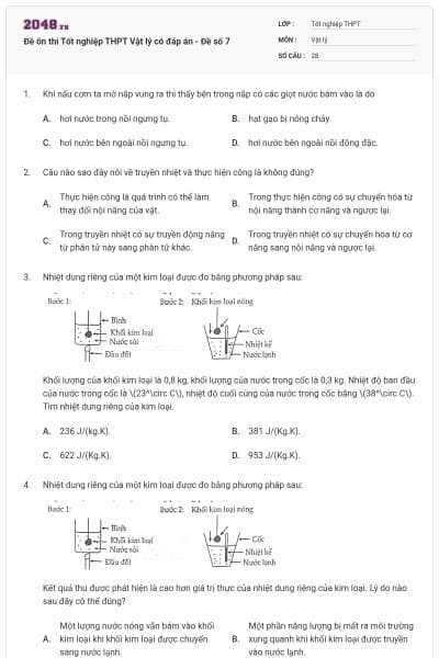 Đề ôn thi Tốt nghiệp THPT Vật lý có đáp án - Đề số 7
