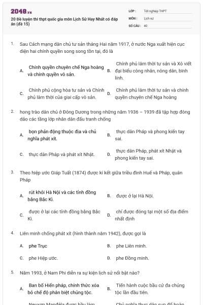 20 Đề luyện thi thpt quốc gia môn Lịch Sử Hay Nhất có đáp án (đề 15)