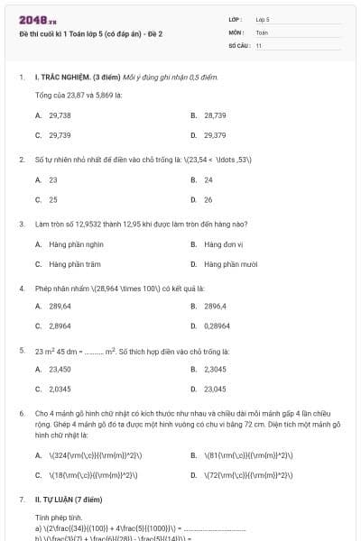 Đề thi cuối kì 1 Toán lớp 5 (có đáp án) - Đề 2
