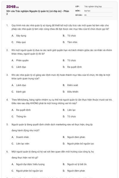 50+ câu Trắc nghiệm Nguyên lý quản trị (có đáp án) - Phần 2