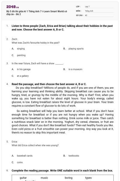 Bộ 5 đề thi giữa kì 1 Tiếng Anh 7 i-Learn Smart World có đáp án - Đề 2