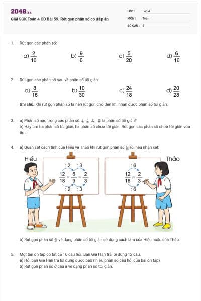 Giải SGK Toán 4 CD Bài 59. Rút gọn phân số có đáp án