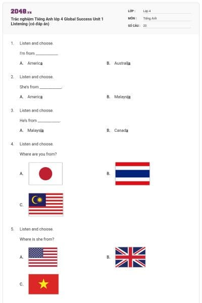 Trắc nghiệm Tiếng Anh lớp 4 Global Success Unit 1 Listening (có đáp án)