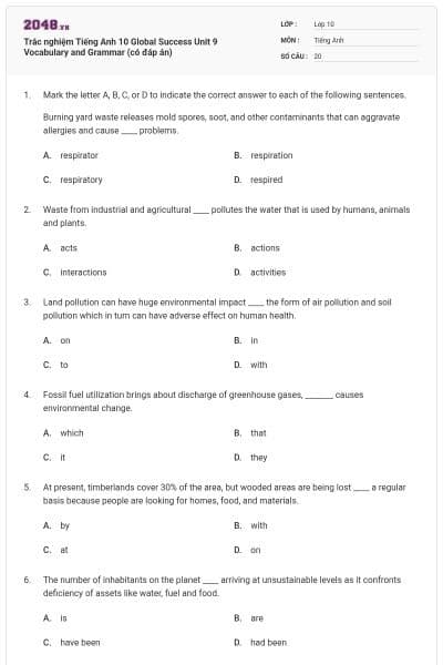 Trắc nghiệm Tiếng Anh 10 Global Success Unit 9 Vocabulary and Grammar (có đáp án)