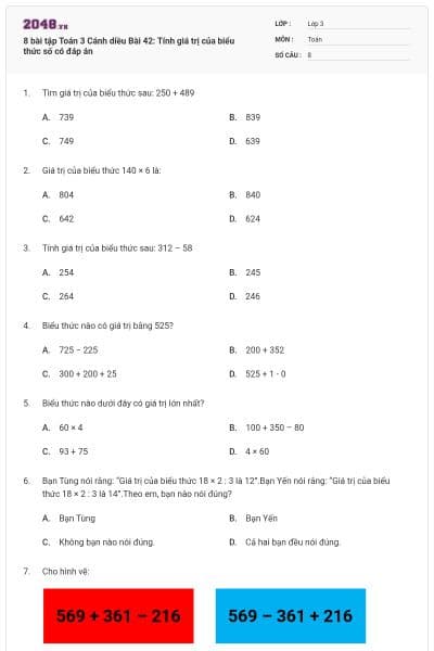 8 bài tập Toán 3 Cánh diều Bài 42: Tính giá trị của biểu thức số có đáp án