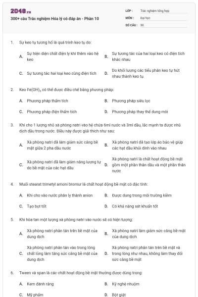 300+ câu Trắc nghiệm Hóa lý có đáp án - Phần 10