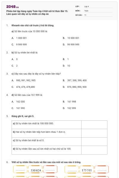 Phiếu bài tập hàng ngày Toán lớp 4 Kết nối tri thức Bài 15. Làm quen với dãy số tự nhiên có đáp án
