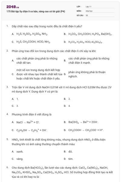 175 Bài tập Sự điện li cơ bản, nâng cao có lời giải (P4)