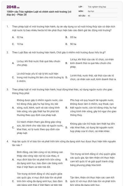 1000+ câu Trắc nghiệm Luật và chính sách môi trường (có đáp án) - Phần 28