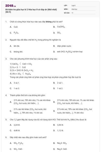 Đề kiểm tra giữa học kì 2 Hóa học 8 có đáp án (Mới nhất) (Đề 5)
