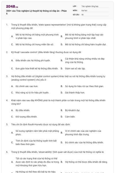 300+ câu Trắc nghiệm Lý thuyết hệ thống có đáp án - Phần 6