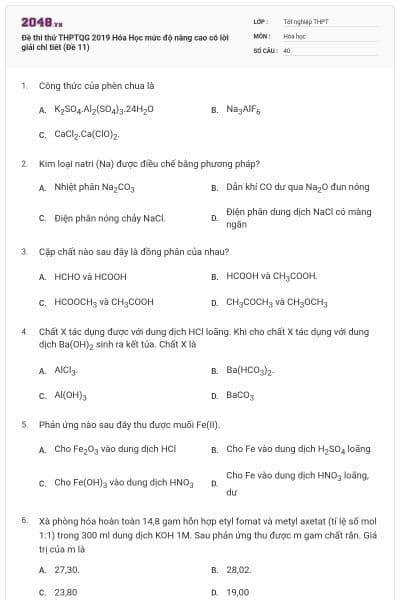 Đề thi thử THPTQG 2019 Hóa Học mức độ nâng cao có lời giải chi tiết (Đề 11)