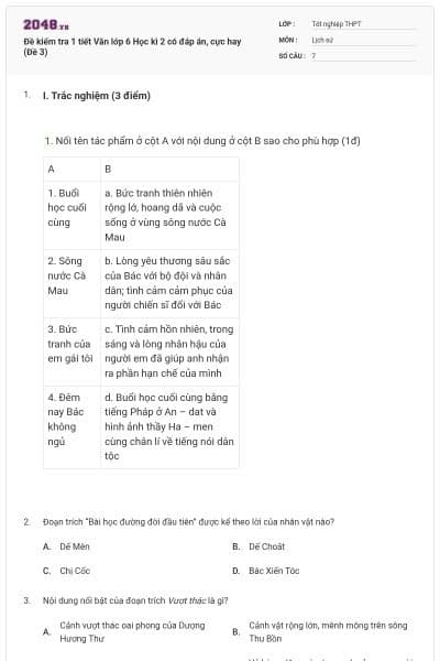Đề kiểm tra 1 tiết Văn lớp 6 Học kì 2 có đáp án, cực hay (Đề 3)