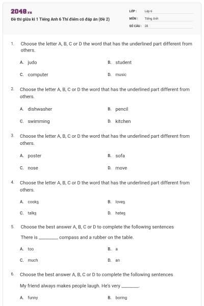 Đề thi giữa kì 1 Tiếng Anh 6 Thí điểm có đáp án (Đề 2)