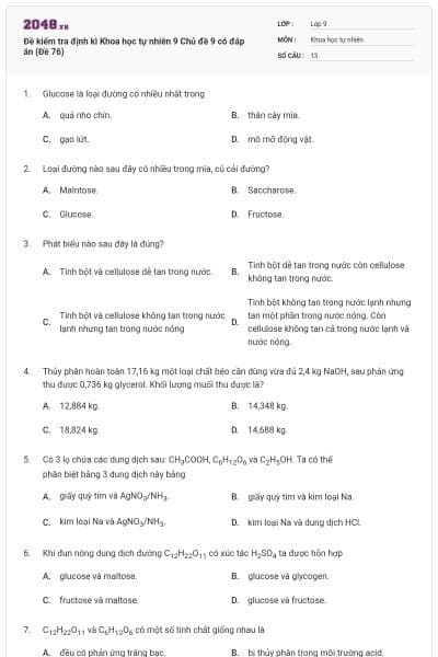 Đề kiểm tra định kì Khoa học tự nhiên 9 Chủ đề 9 có đáp án (Đề 76)