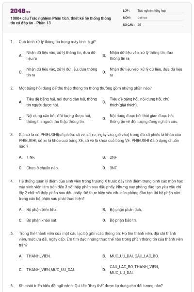 1000+ câu Trắc nghiệm Phân tích, thiết kế hệ thống thông tin có đáp án - Phần 13