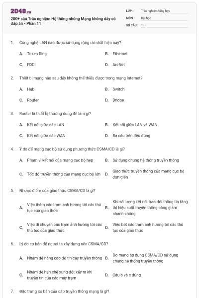 200+ câu Trắc nghiệm Hệ thống nhúng Mạng không dây có đáp án - Phần 11