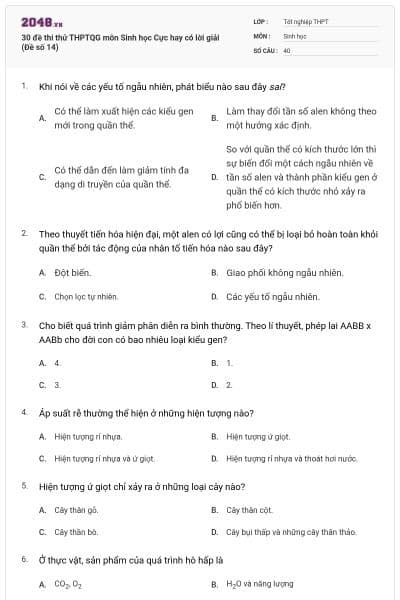 30 đề thi thử THPTQG môn Sinh học Cực hay có lời giải (Đề số 14)