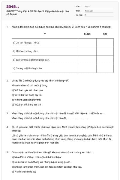 Giải VBT Tiếng Việt 4 CD Bài đọc 3: Vệt phấn trên mặt bàn có đáp án