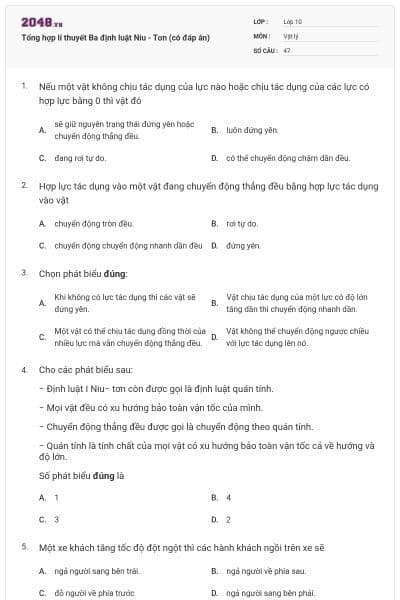 Tổng hợp lí thuyết Ba định luật Niu - Tơn (có đáp án)