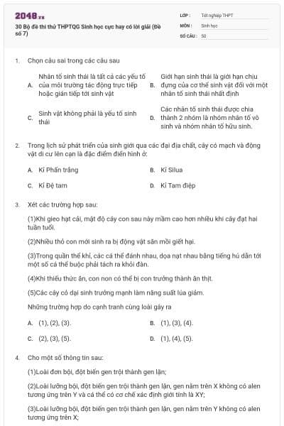 30 Bộ đề thi thử THPTQG Sinh học cực hay có lời giải (Đề số 7)