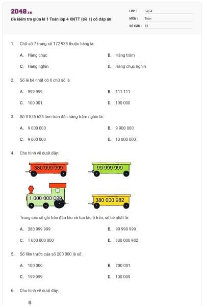 Đề kiểm tra giữa kì 1 Toán lớp 4 KNTT (Đề 1) có đáp án