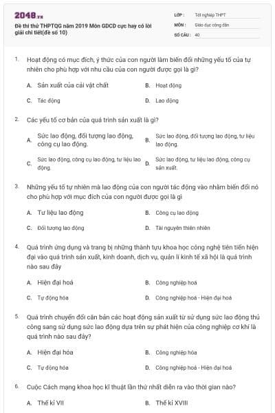 Đề thi thử THPTQG năm 2019 Môn GDCD cực hay có lời giải chi tiết(đề số 10)