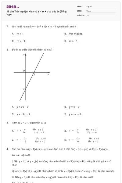 18 câu  Trắc nghiệm Hàm số y = ax + b có đáp án (Tổng hợp)