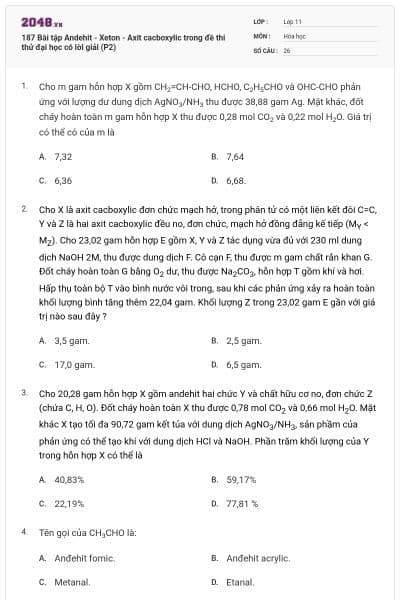 187 Bài tập Andehit - Xeton - Axit cacboxylic trong đề thi thử đại học có lời giải (P2)