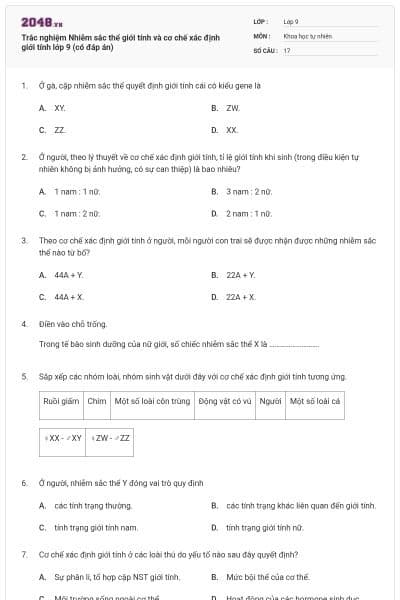 Trắc nghiệm Nhiễm sắc thể giới tính và cơ chế xác định giới tính lớp 9 (có đáp án)
