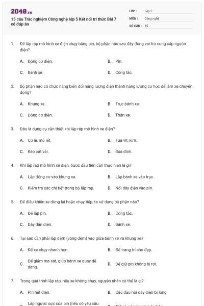 15 câu Trắc nghiệm Công nghệ lớp 5 Kết nối tri thức Bài 7 có đáp án