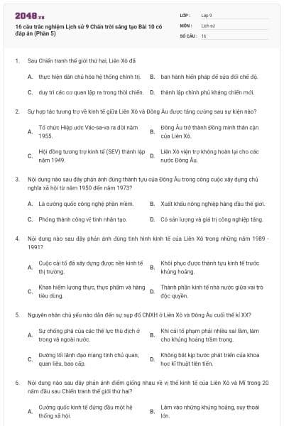16 câu trắc nghiệm Lịch sử 9 Chân trời sáng tạo Bài 10 có đáp án (Phần 5)