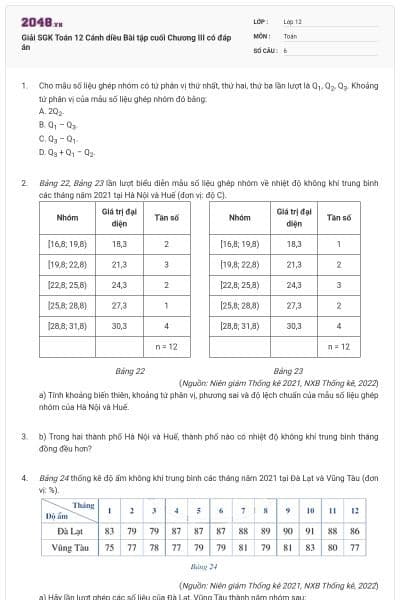 Giải SGK Toán 12 Cánh diều Bài tập cuối Chương III có đáp án