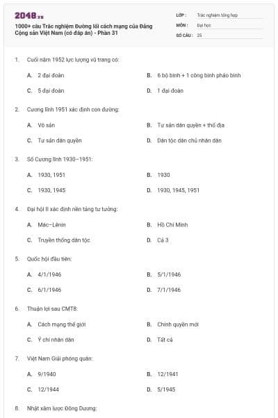 1000+ câu Trắc nghiệm Đường lối cách mạng của Đảng Cộng sản Việt Nam (có đáp án) - Phần 31
