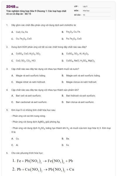 Trắc nghiệm tổng hợp Hóa 9 Chương 1: Các loại hợp chất vô cơ có đáp án - Đề 15