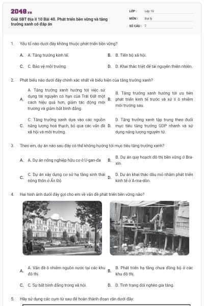 Giải SBT Địa lí 10 Bài 40. Phát triển bền vững và tăng trưởng xanh có đáp án