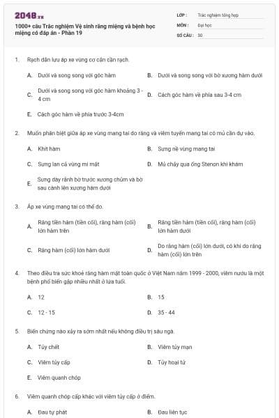 1000+ câu Trắc nghiệm Vệ sinh răng miệng và bệnh học miệng có đáp án - Phần 19