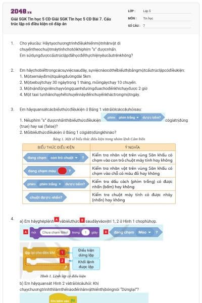 Giải SGK Tin học 5 CD Giải SGK Tin học 5 CD Bài 7. Cấu trúc lặp có điều kiện có đáp án