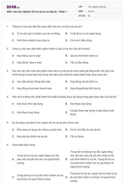400+ câu trắc nghiệm Tài trợ dự án có đáp án - Phần 1