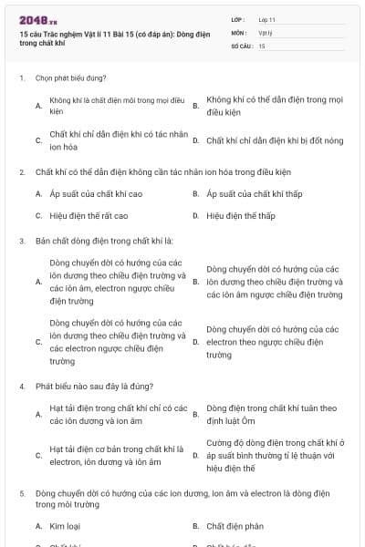 15 câu Trắc nghệm Vật lí 11 Bài 15 (có đáp án): Dòng điện trong chất khí