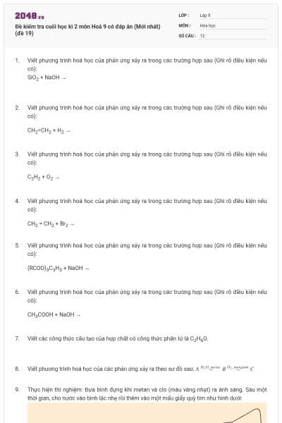 Đề kiểm tra cuối học kì 2 môn Hoá 9 có đáp án (Mới nhất) (đề 19)