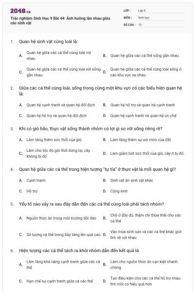 Trắc nghiệm Sinh Học 9 Bài 44: Ảnh hưởng lẫn nhau giữa các sinh vật