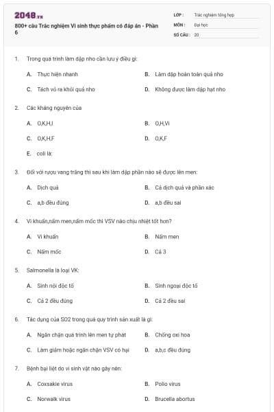800+ câu Trắc nghiệm Vi sinh thực phẩm có đáp án - Phần 6