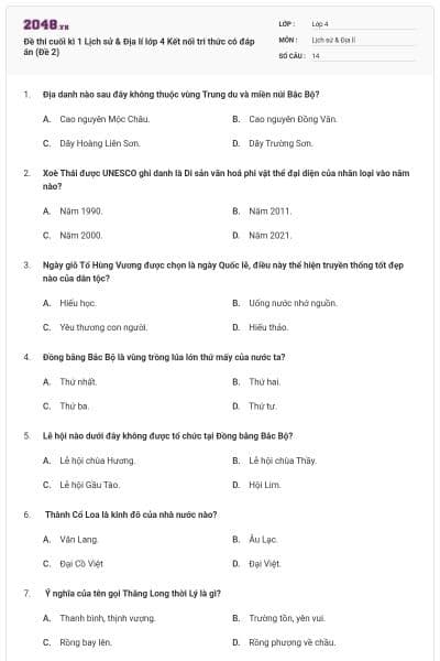 Đề thi cuối kì 1 Lịch sử & Địa lí lớp 4 Kết nối tri thức có đáp án (Đề 2)