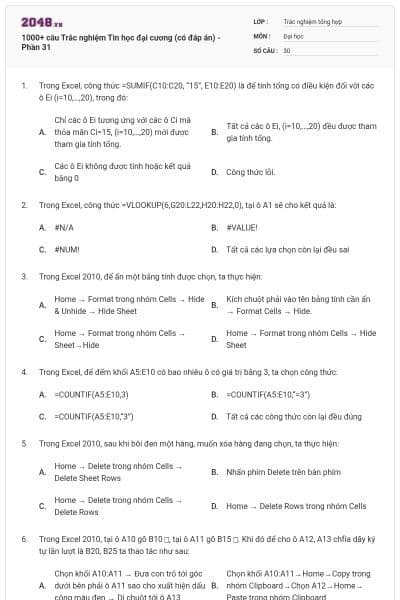 1000+ câu Trắc nghiệm Tin học đại cương (có đáp án) - Phần 31