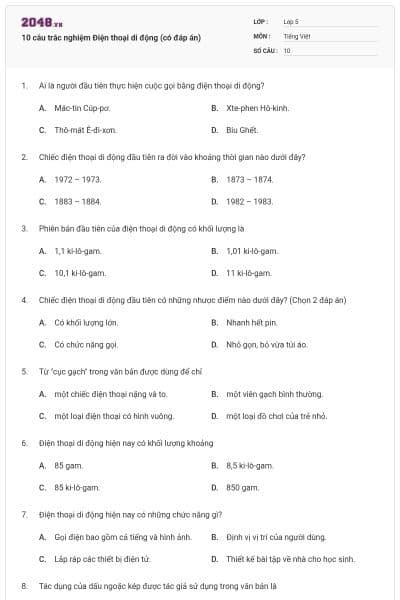 10 câu trắc nghiệm Điện thoại di động (có đáp án)