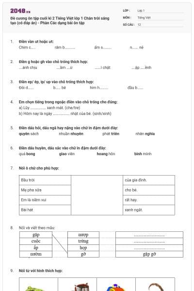 Đề cương ôn tập cuối kì 2 Tiếng Việt lớp 1 Chân trời sáng tạo (có đáp án) - Phần Các dạng bài ôn tập