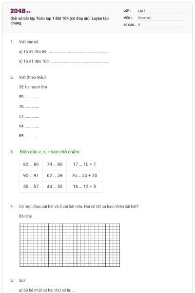 Giải vở bài tập Toán lớp 1 Bài 104 (có đáp án): Luyện tập chung