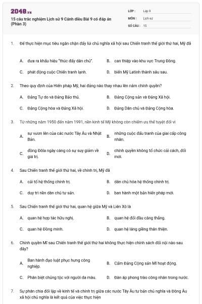 15 câu trắc nghiệm Lịch sử 9 Cánh diều Bài 9 có đáp án (Phần 3)