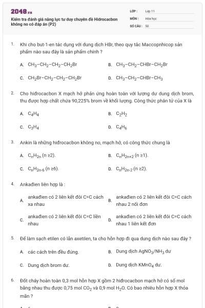 Kiểm tra đánh giá năng lực tư duy chuyên đề Hidrocacbon không no có đáp án (P2)